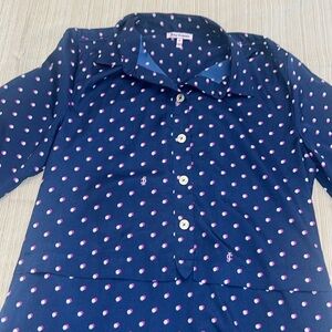 Juicy Couture dress shirt navy blue top JC Size Medium Polka dot dress polyester